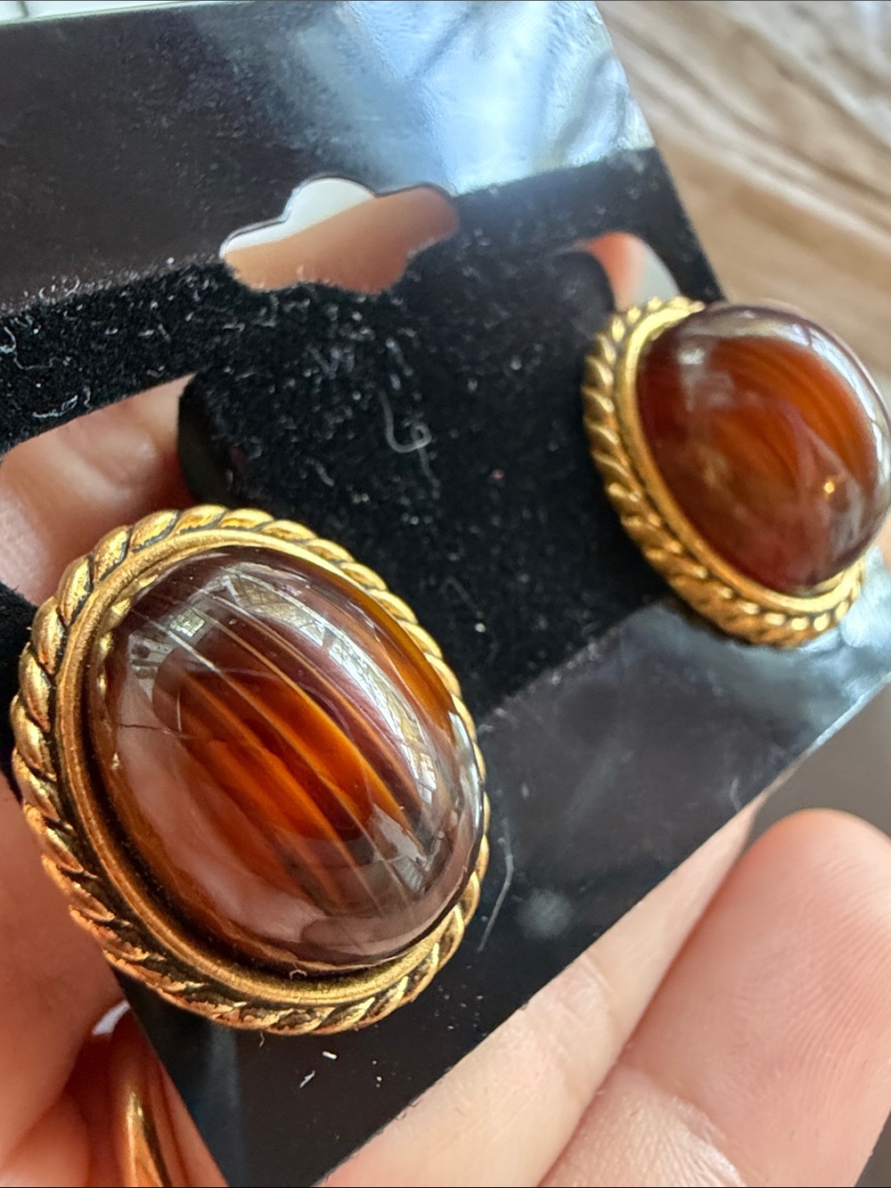 W. Germany stamped vintage Gold-Tone Brown Marbled Dome Clip Earrings